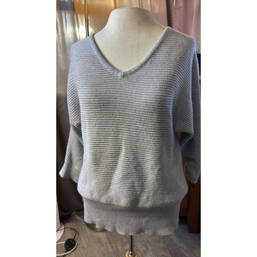 New York & Company Womens Silver Metallic Ribbed V-Neck Dolman Sweater